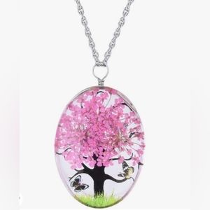 Pink Glass Butterfly Tree Pendant Necklace silver